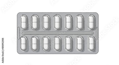 Blister pack filled with white oblong pills in two rows