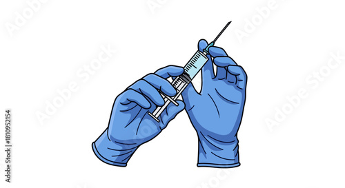 Cartoon gloved hands holding a syringe with liquid