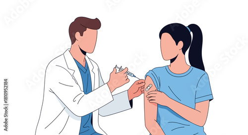 Cartoon illustration doctor vaccinates patient No faces simple detail