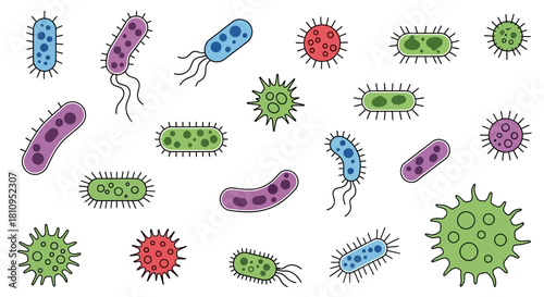 Diverse bacterial strains varying in color and form arranged on a white background