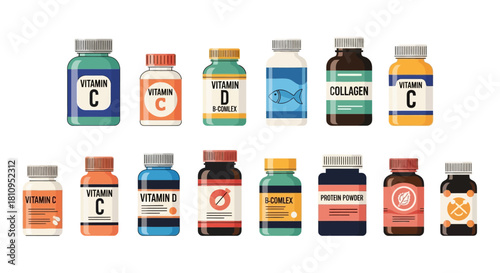 Display of diverse vitamin  supplement bottles showcasing varied types like Vitamin C D Collagen and Protein Powder