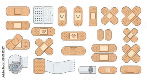 Diverse bandaids tan  cross shapes rolls heart smiley  white with holes on white backdrop