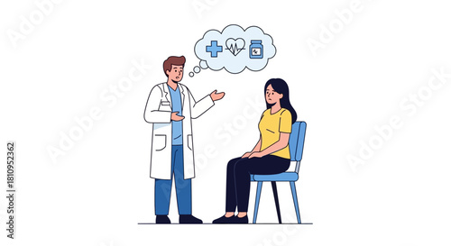 Doctor talks with a concerned female patient a medical symbol bubble above them