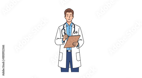 Doctor in lab coat writing on clipboard stethoscope around neck looking at viewer