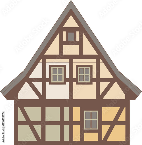 Stylized illustration of a traditional European half-timbered house with a gabled roof and multiple windows.
