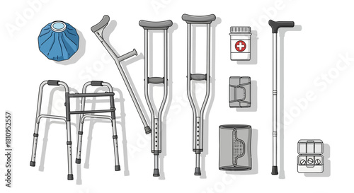Medical aids arranged include walker crutches cane ice pack meds bandaids pills and support wrap