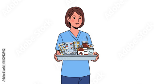 Nurse with short brown hair carrying a tray full of medications
