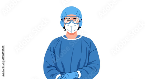 Person in blue surgical gown cap gloves mask  goggles Hands folded