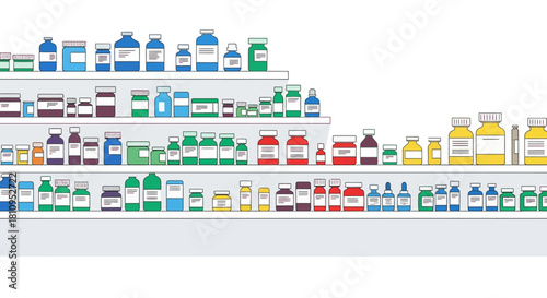 Pharmacy shelf with colorful medicine bottles  jars arranged on four rows