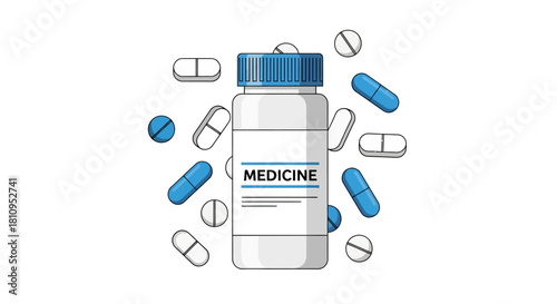 Pills and a Medicine bottle against a white background