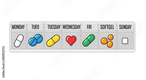Pill organizer days labeled with various pills