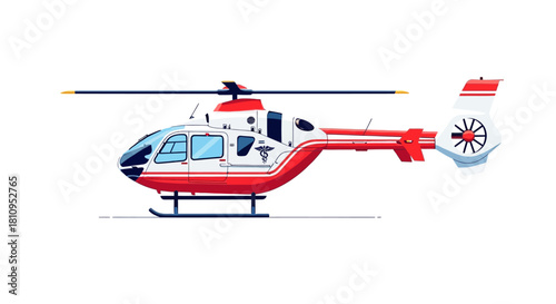Red and white medical helicopter blades rotating on a white background