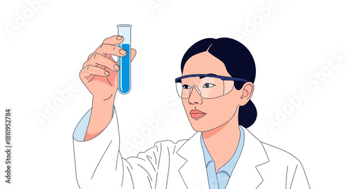 Scientist in lab coat holding a test tube with blue liquid wearing safety glasses looking at the tube