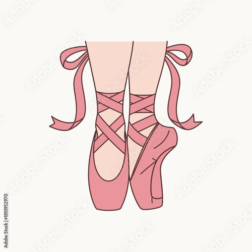 Elegant illustration of a ballerina's feet in pink pointe shoes with ribbons tied around the ankles.
