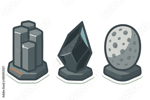 Abstract geometric trophy shapes set on pedestals for awards or futuristic game assets