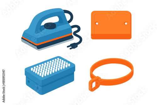 Isometric household icons set with electric iron and lint remover accessories