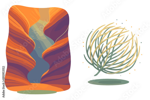 Abstract desert canyon landscape with layered rock walls and spherical plant