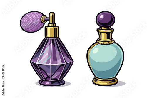 Luxury fragrance bottles with faceted purple glass and smooth teal design