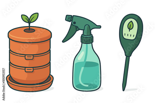 Gardening equipment set for indoor plants featuring organic composting bin and soil moisture meter