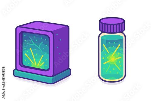 Abstract glowing energy core contained within a retro monitor and a science lab bottle