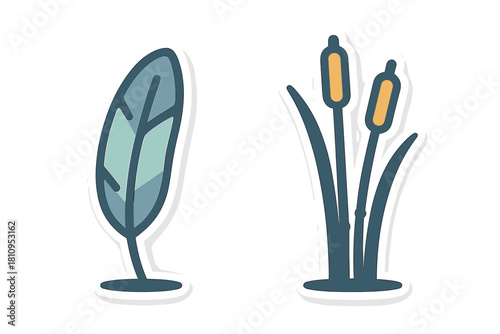 Stylized feather and cattail plants isolated on white background