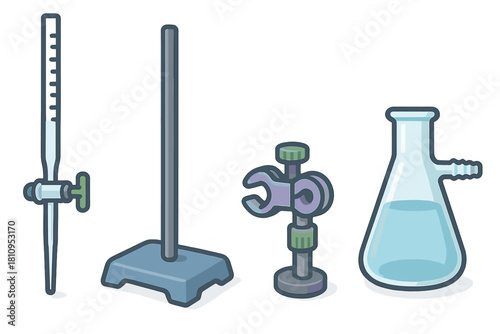 Chemistry laboratory glassware set featuring burette stand clamp and Erlenmeyer flask