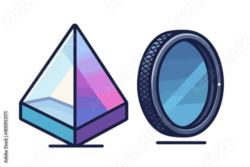 Colorful geometric prism and camera lens icon set representing optics and light effects