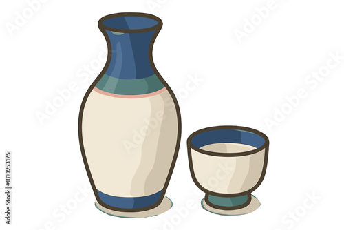 Traditional Japanese ceramic sake bottle and matching small drinking cup set isolated on white