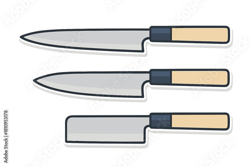 Collection of three professional kitchen knives for cooking and food preparation