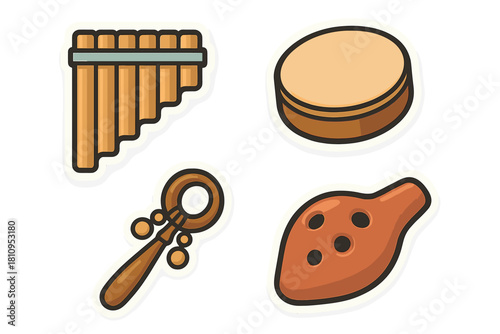 Traditional wind and percussion musical instruments set including panpipes, ocarina, and drum
