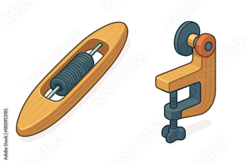 Weaving shuttle with bobbin and woodworking clamp tool set isolated on white