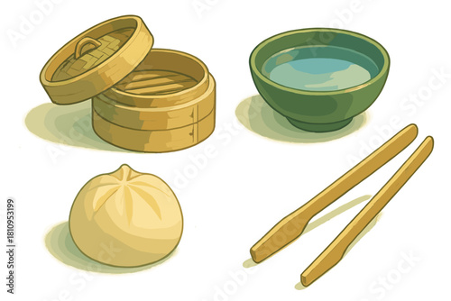 Traditional Asian dining set with bamboo steamer dumpling bowl and wooden chopsticks