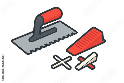 Notched trowel, leveling wedge, and cross spacers for tile installation