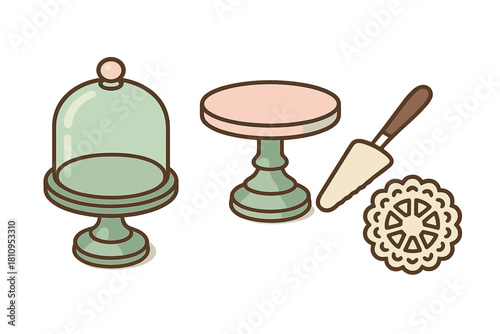 Collection of dessert serving ware including pedestal cake stand, glass cloche dome, and pastry server