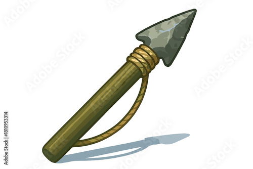 Primitive stone spearhead attached to a wooden shaft with rope binding on a white background