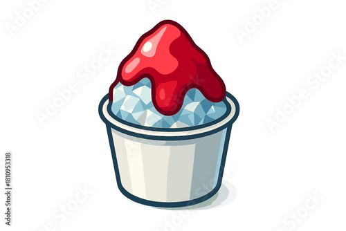 Shaved ice dessert topped with sweet red syrup served in a disposable paper cup