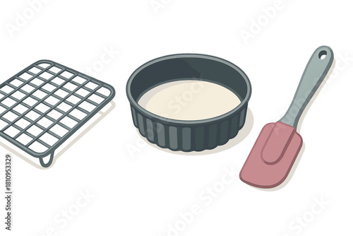 Baking preparation equipment set with cooling rack, fluted tart pan containing dough, and silicone spatula