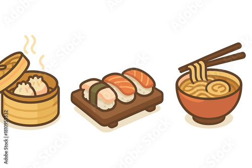 Steamed dumplings, nigiri sushi, and ramen noodles set representing Asian cuisine