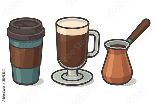 Variety of coffee vessels: disposable takeaway cup, glass mug, and traditional cezve pot