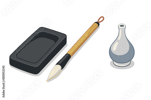 Traditional Chinese calligraphy set with inkstone, brush, and water dropper