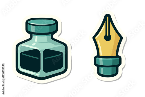 Classic glass inkwell and golden fountain pen nib for writing and calligraphy supplies