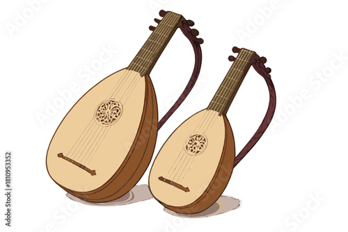Pair of historical lutes with curved necks and carved rosettes on a white background