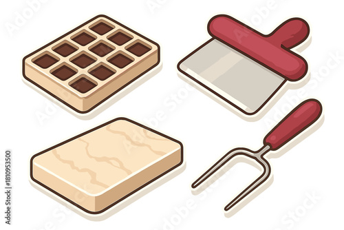 Isometric icons of baking tools and ingredients: chocolate bar, wooden board, bench scraper, and fork