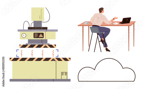 Man managing industrial equipment remotely with computer interface and cloud system. Ideal for automation, technology, IoT, remote work, industry 4.0, innovation, simple flat metaphor