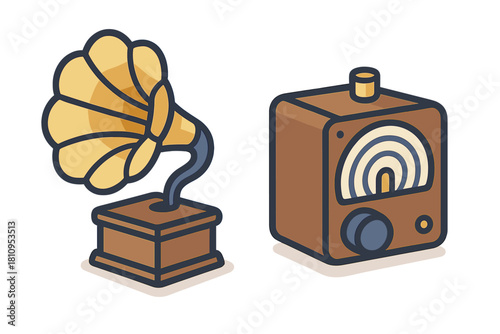 Stylized antique phonograph and retro wooden radio set representing classic audio equipment