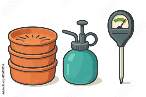 Set of essential gardening tools including a soil meter, plant mister, and seed trays