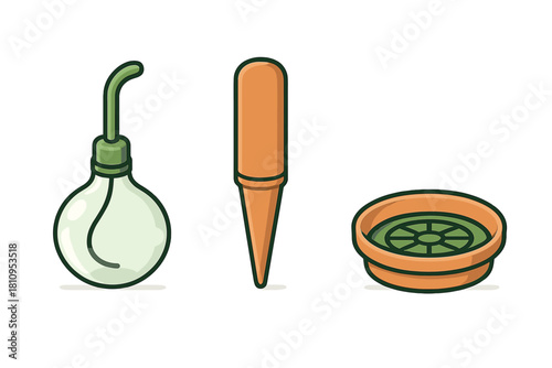 Essential gardening tools set featuring a watering bulb, soil probe, and planting tray insert