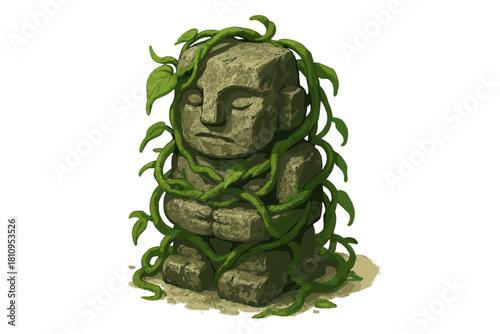 Ancient stone idol statue covered in thick green jungle vines isolated on white background