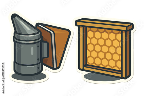 Traditional beekeeping equipment set with bee smoker and full honeycomb frame