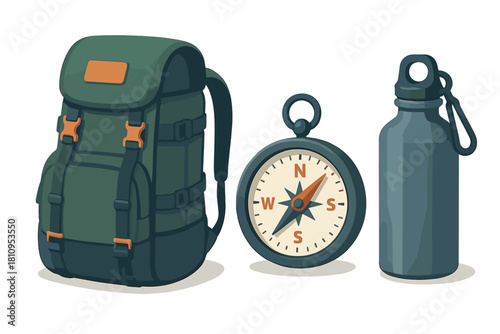 Hiking backpack, navigation compass, and reusable water bottle for outdoor adventure